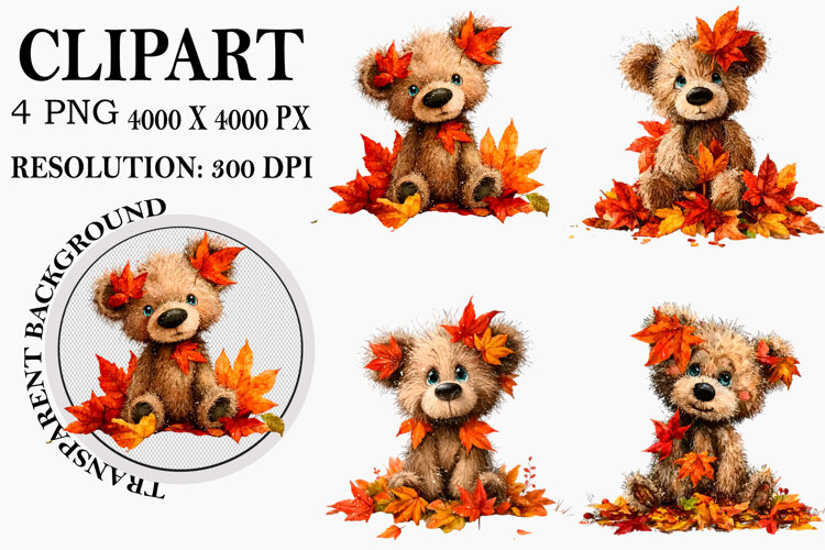 Whimsical Teddy Bear Fall Clipart Watercolor PNG example image 1