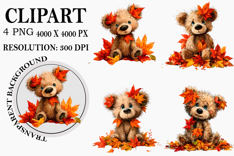 Whimsical Teddy Bear Fall Clipart Watercolor PNG