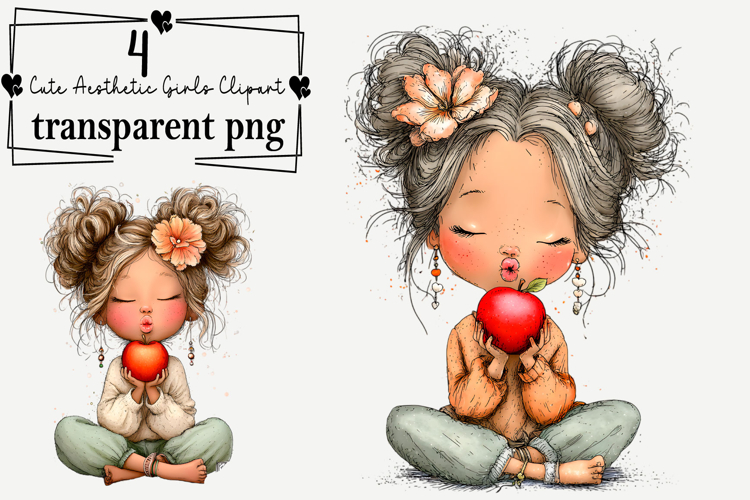 Whimsical Cute Aesthetic Girls Clipart Watercolor PNG