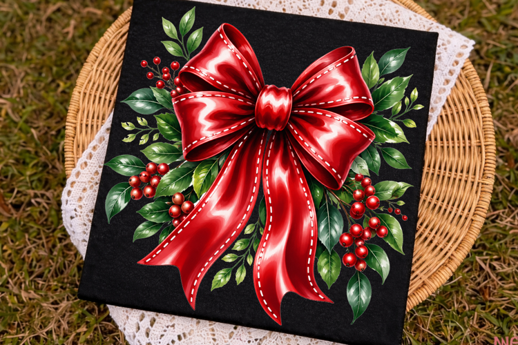 Christmas Red Bow PNG, Holly Berry Bow Sublimation, Elegant
