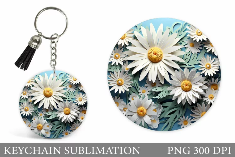 3D Daisy Keychain Design. Paper Flowers Round Keychain