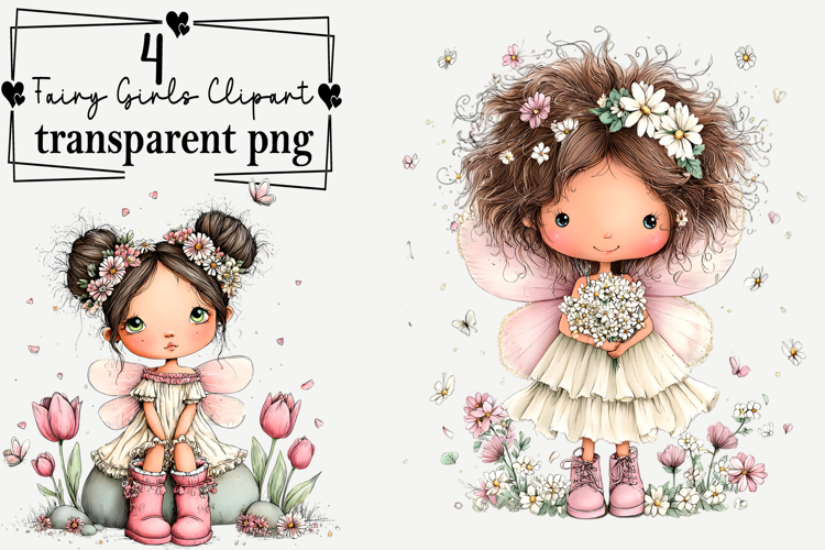 Whimsical Fairy Girls Clipart Watercolor PNG example image 1
