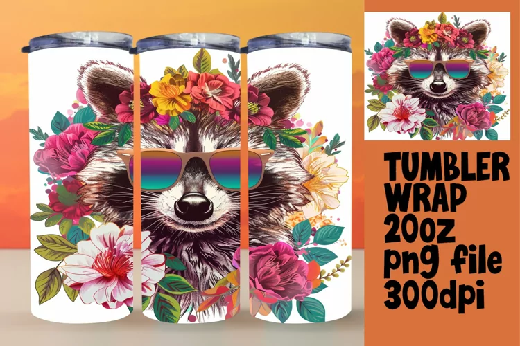 Floral Raccoon Tumbler Wrap for Sublimation - 20oz