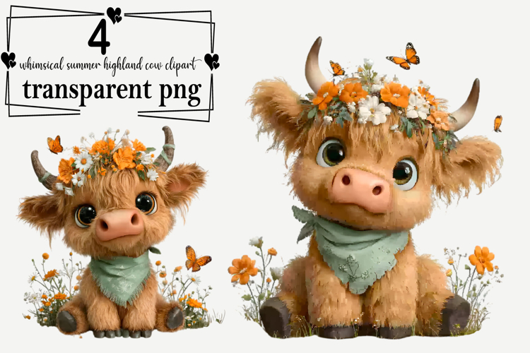 Whimsical Summer Highland Cow Clipart Watercolor PNG example image 1