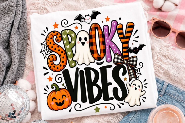 Spooky Vibes Halloween Ghost Pumpkin Cute T-Shirt Design example image 1