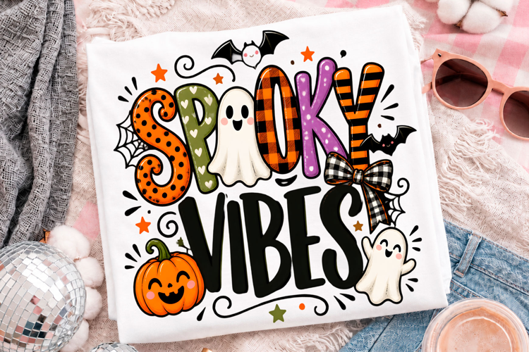 Spooky Vibes Halloween Ghost Pumpkin Cute T-Shirt Design