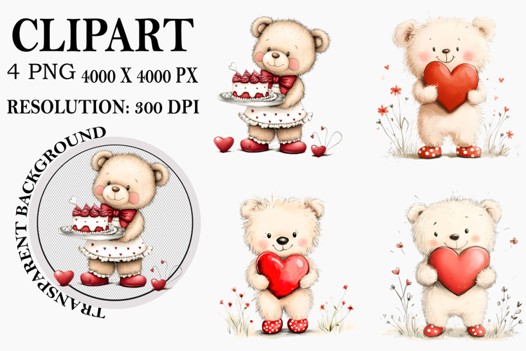Whimsical Valentine Teddy Bear Clipart Watercolor PNG