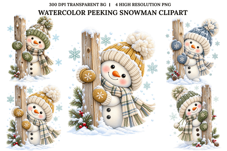 Peeking Snowman Watercolor Christmas Sublimation PNG