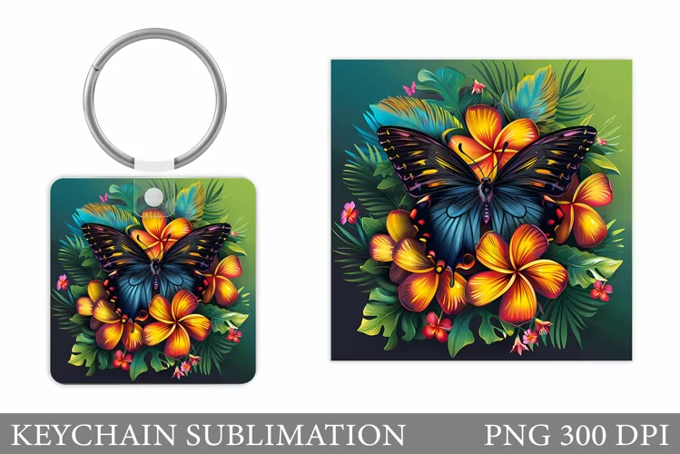 Flowers Keychain Sublimation. Butterfly Keychain Design