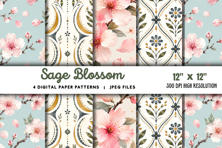 Sage Blossom Watercolor Digital Papers JPG