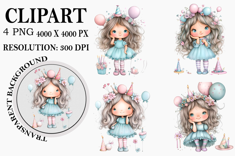 Quirky Birthday Girl Clipart Watercolor PNG