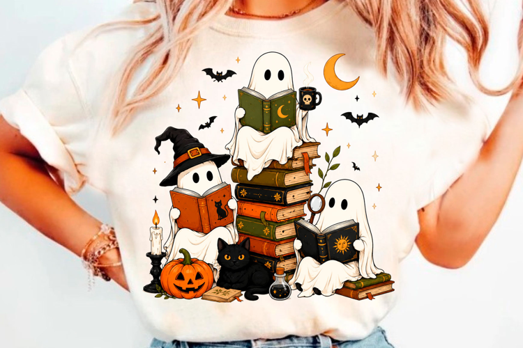 Cute Halloween ghost reading books spooky t shirt design