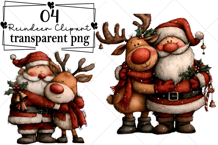 Santa & Reindeer Christmas Clipart Watercolor PNG