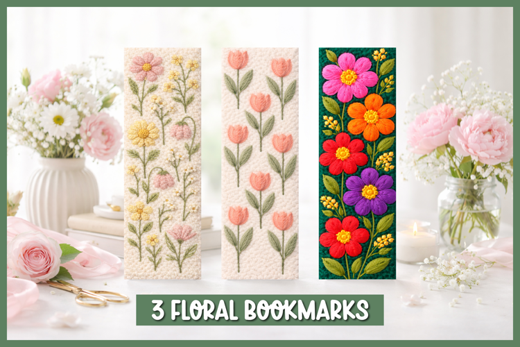 Floral punch needle bookmarks with embroidered flowers