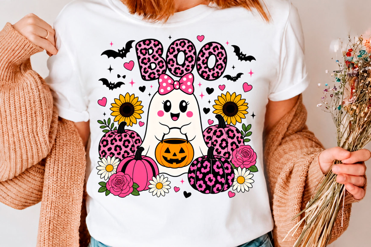 Boo Cute Ghost Halloween Pink Pumpkin T-Shirt Design