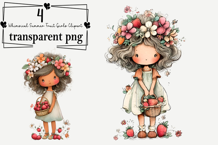 Whimsical Summer Fruit Girls Clipart Watercolor PNG