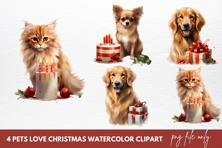Pets Love Christmas Watercolor Clipart