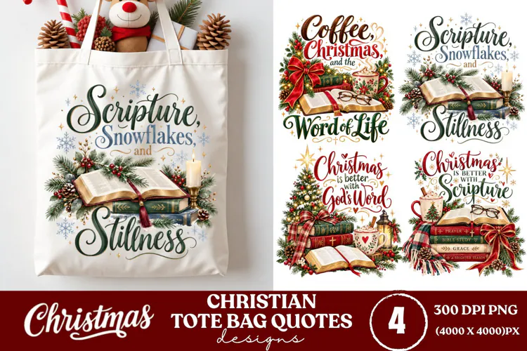4 Christian Christmas Tote Bag PNGs, 4 Bible Lover Christmas
