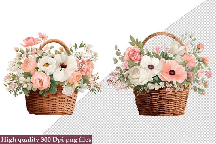 Watercolor Flower Basket Clipart, Flower Basket PNG