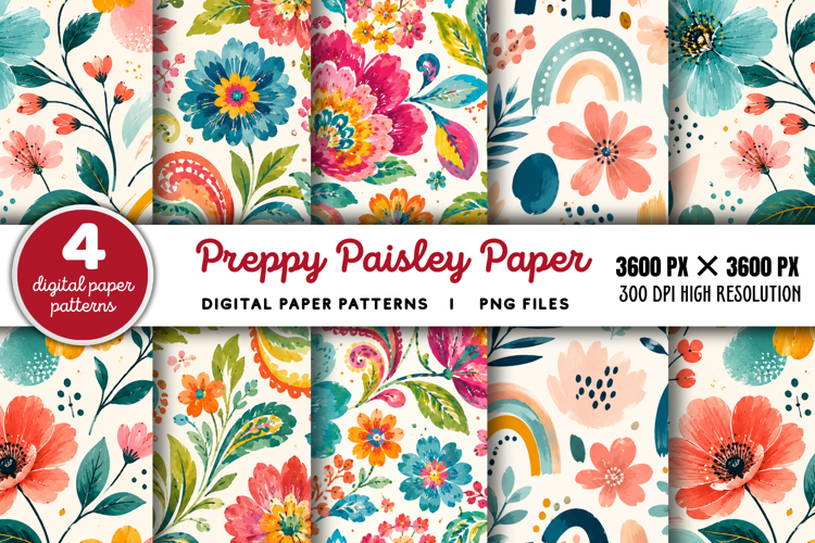 Bright Preppy Paisley Digital Paper PNG