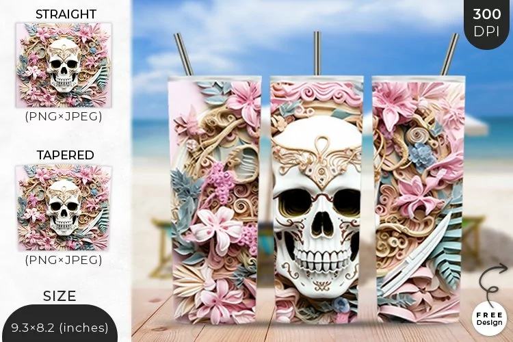 3D White Skull Tumbler Wrap | 3D Sublimation Wrap Design