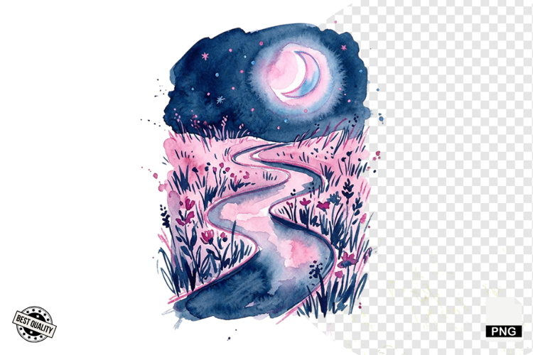 Watercolor Moonlit Meadow Clipart