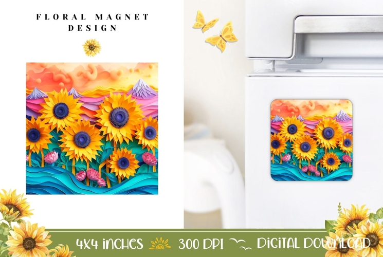 Flowers Magnet Sublimation, Cartoon Sunflowers Magnet PNG