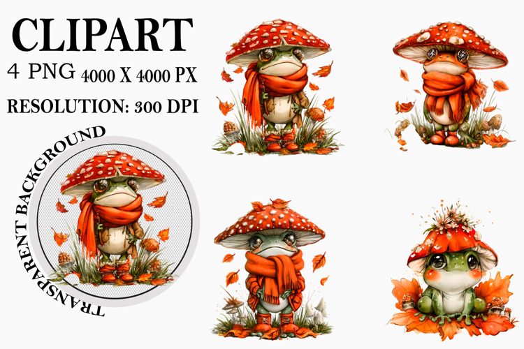 Whimsical Fall Autumn Mushroom Clipart Watercolor PNG