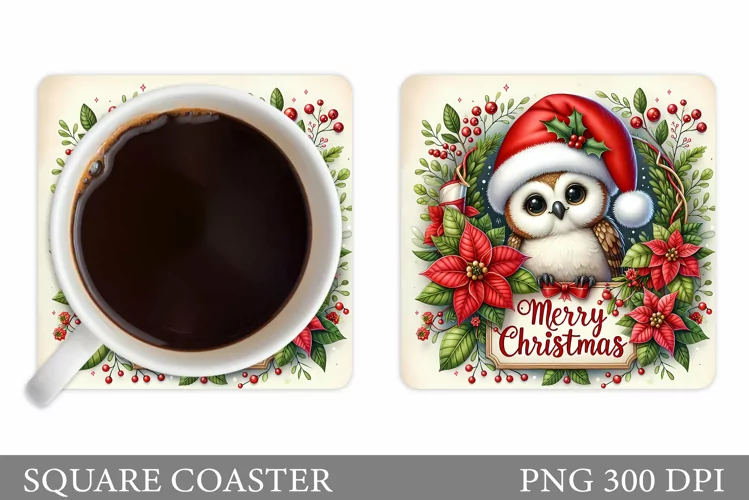 Christmas Owl Coaster Sublimation. Christmas Coaster Design