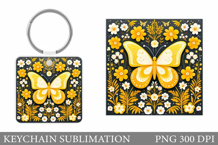 Flowers Keychain Design. Butterfly Keychain Sublimation