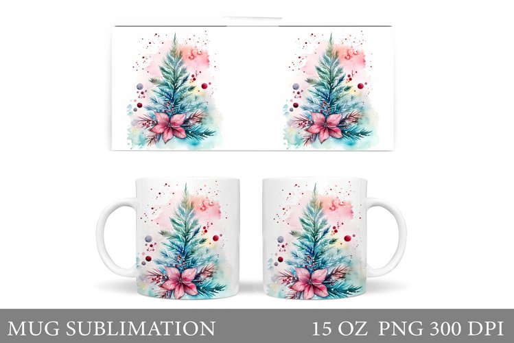 Christmas Tree Mug. Watercolor Christmas Mug Wrap Design