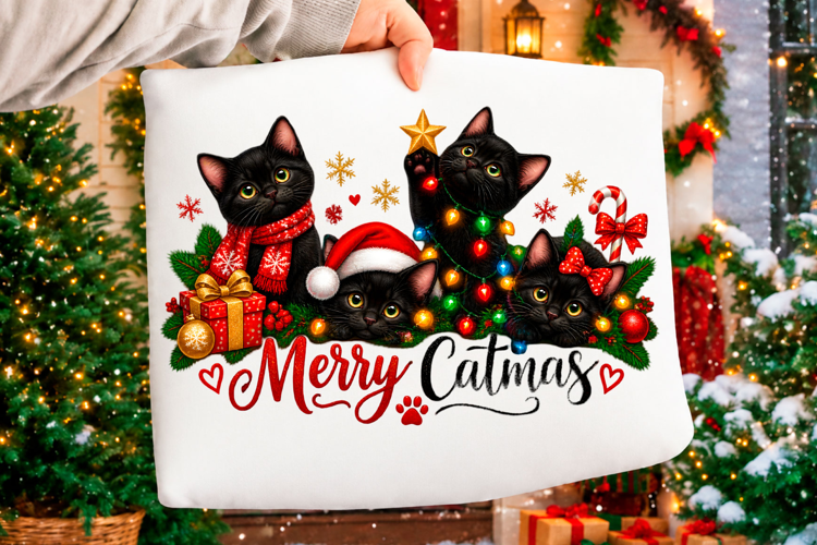 Merry Catmas Cute Black Cats Christmas Holiday T-Shirt Desig