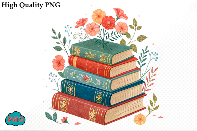 Watercolor Floral Books Clipart PNG