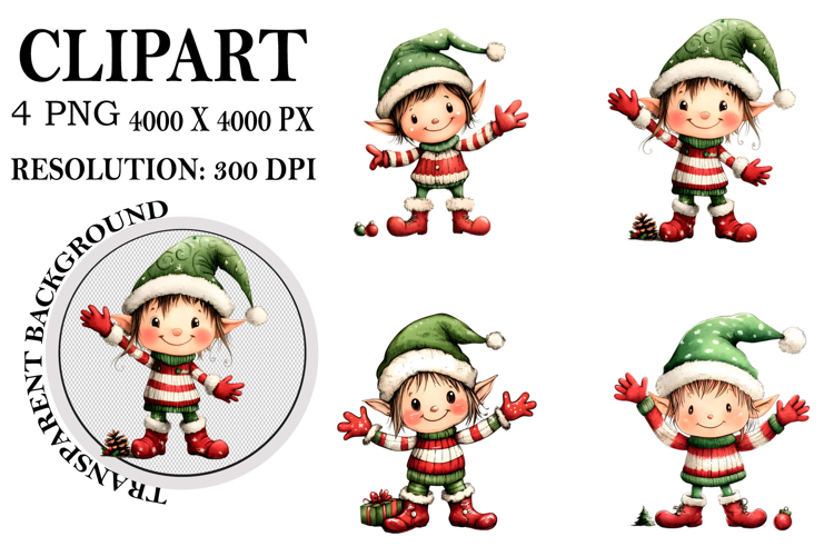 Christmas Elf Clipart, Funny Elf Clip Art Watercolor PNG example image 1