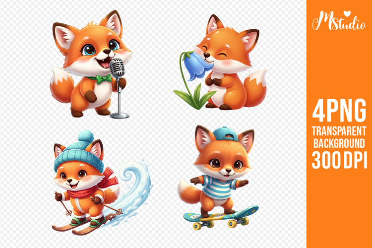 Cute Fox Moments PNG Singing Flower Ski Skate