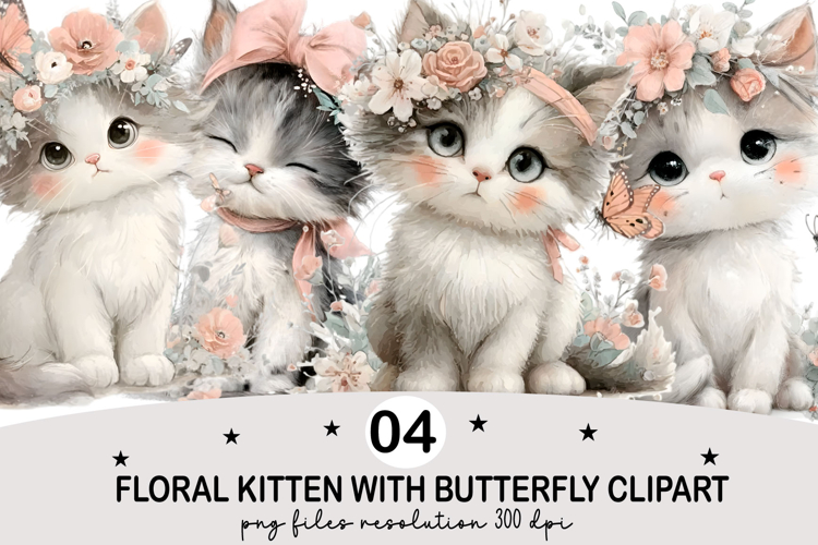 Floral Kitten with Butterfly Clipart Watercolor png