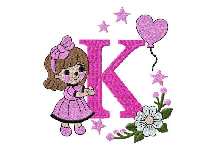 Letter K Girl Machine Embroidery Design example image 1