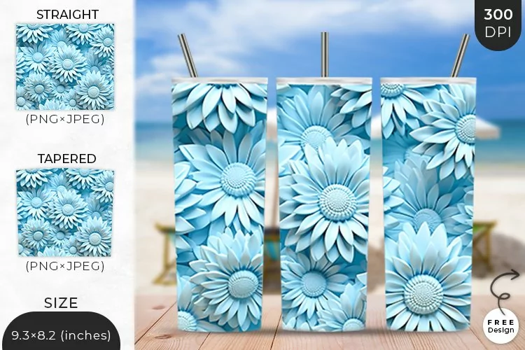 3D Flowers Tumbler Wrap | 3D Floral Sublimation Design