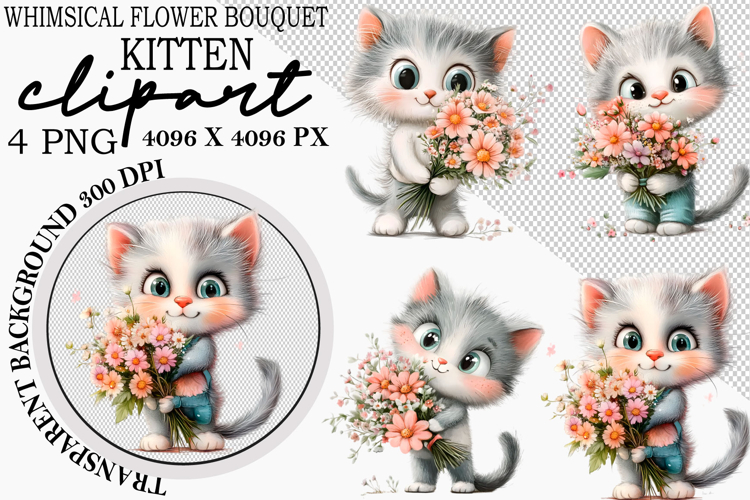 Whimsical Flower Bouquet Kitten Clipart