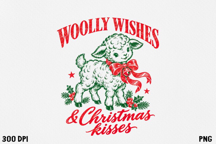 Vintage Christmas Lamb Woolly Wishes Retro Holiday PNG example image 1
