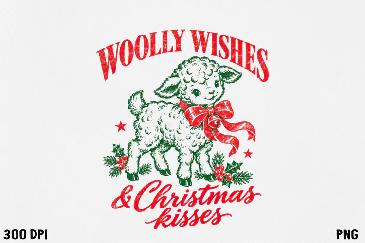 Vintage Christmas Lamb Woolly Wishes Retro Holiday PNG