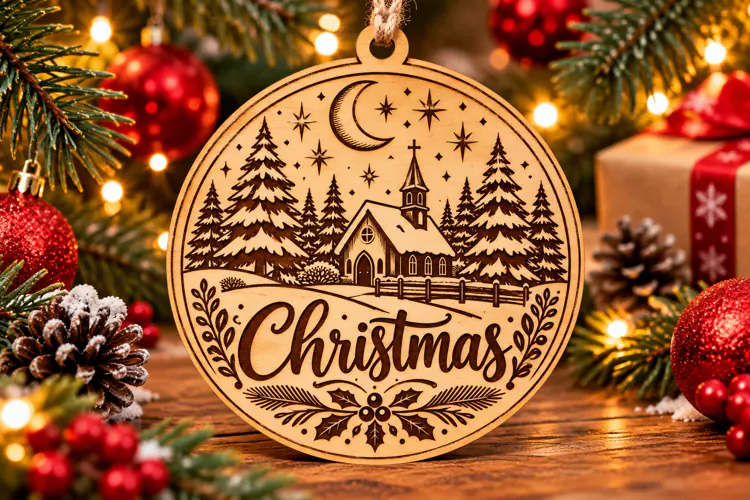 Christmas Church Wooden Ornament PNG Laser Cut SVG