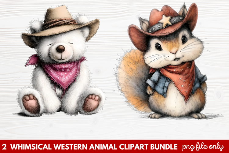 2 Whimsical Western Animal Clipart | Cute Cowboy Animals PNG