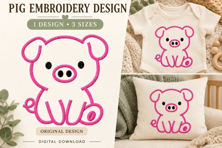 Cute Baby Pig Embroidery Design example image 1