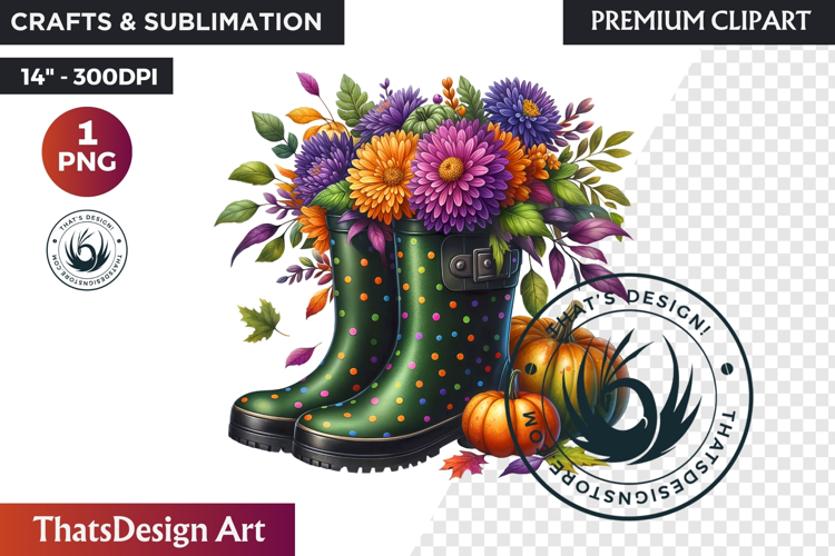Autumn Floral Rain Boots PNG, Fall Flower in Wellies Clipart