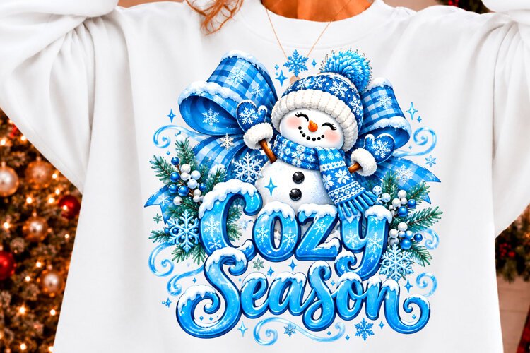 Cozy Season Christmas Snowman PNG, Blue Bow Snowflake Winter example image 1
