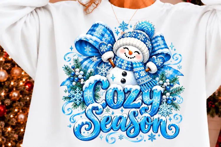 Cozy Season Christmas Snowman PNG, Blue Bow Snowflake Winter