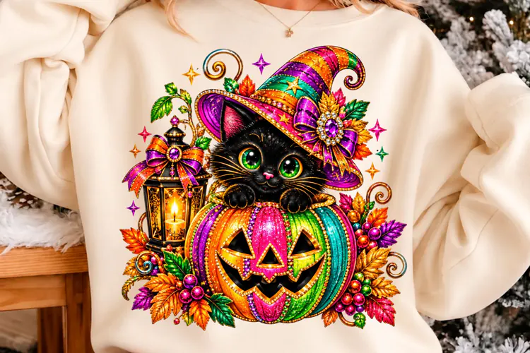 Colorful Halloween Cat Pumpkin Halloween Shirt Sublimation P