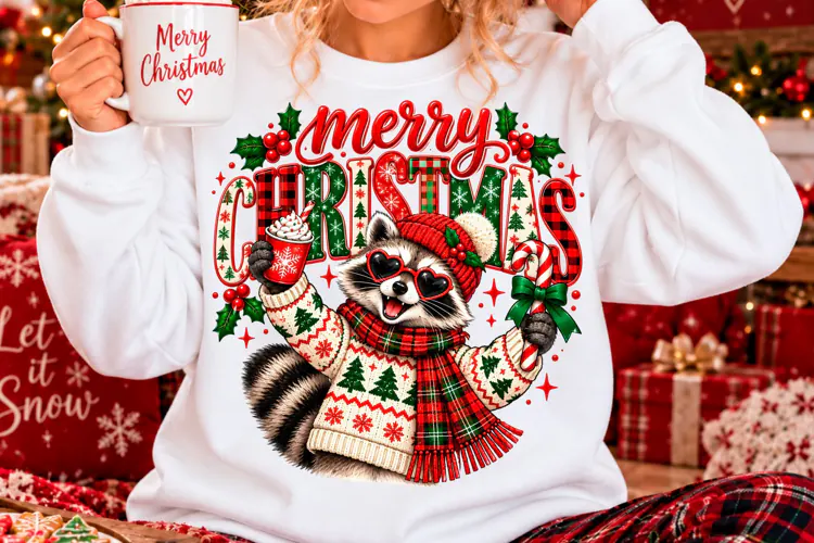 Merry Christmas Cute Raccoon PNG