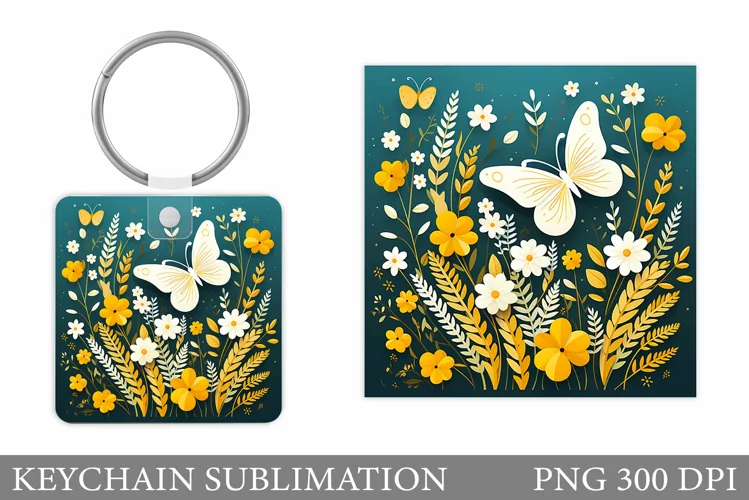 Butterfly Keychain Sublimation. Flowers Keychain Design